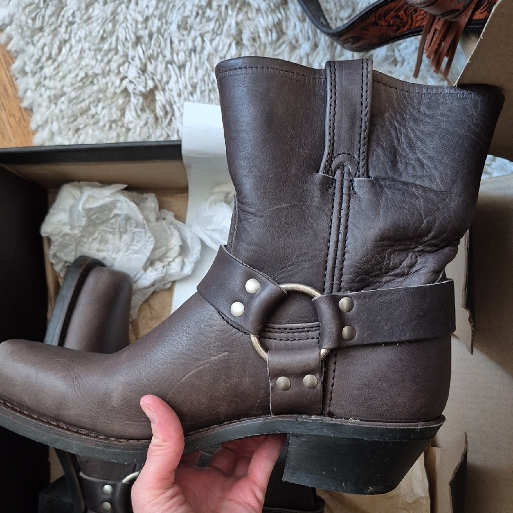 Frye Brown Leather Harness Combat Boots - Picture 7 of 10